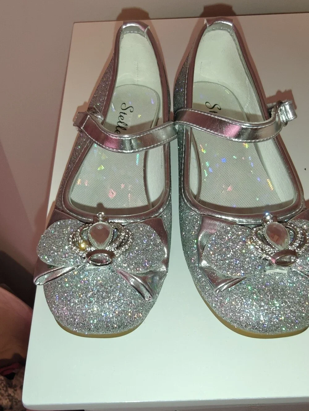 Kids Sparkle Mary Jane Shoes with Crown Accent - Silver